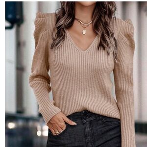 Pretty Garden Knit V-Neck Ribbed Sweater - Pink-Puffed Sleeves-Size XL-Fits M/L